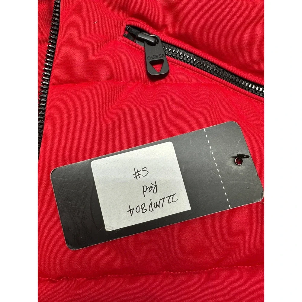 Guess Womens Red Quilted Puffer Jacket Faux Fur Hood Small 22LMP804